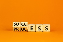 Success business process symbol. Turned wooden cubes with words 'success process'. Beautiful orange background, copy space. Success business process concept.