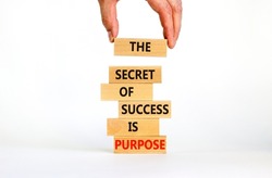Success and purpose symbol. Wooden blocks with concept words The secret of success is purpose. Beautiful white background, copy space. Businessman hand. Business, success and purpose concept.