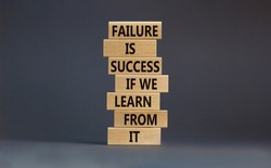 Failure or success symbol. Wooden blocks with words Failure is success if we learn from it. Beautiful grey background, copy space. Business, learn from failure or success concept.