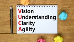 VUCA vision understanding clarity agility symbol. Concept words VUCA vision understanding clarity agility on the note. White background. Business and VUCA vision understanding clarity agility concept.