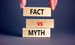 Fact vs myth symbol. Concept words Fact vs myth on wooden blocks on a beautiful grey table grey background. Businessman hand. Business, finacial and fact vs myth concept. Copy space.