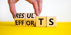 Efforts and results symbol. Concept words Efforts and results on wooden cubes. Businessman hand. Beautiful yellow table white background. Business efforts and results concept. Copy space.