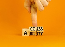 Access and ability symbol. Concept words Access and Ability on wooden cubes. Businessman hand. Beautiful orange table orange background. Access ability and business concept. Copy space.
