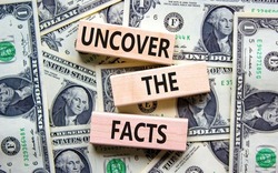 Uncover the facts symbol. Concept words Uncover the facts on wooden blocks on a beautiful background from dollar bills. Business and uncover the facts concept. Copy space.
