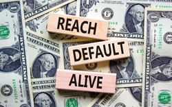 Reach default alive symbol. Concept words Reach default alive on wooden blocks on a beautiful background from dollar bills. Business, finacial and reach default alive concept.