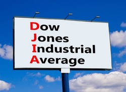 DJIA Dow Jones industrial average symbol. Concept words DJIA Dow Jones industrial average on big billboard against beautiful blue sky. Business DJIA Dow Jones industrial average concept. Copy space