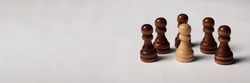 One unique pawn outstanding from many opposits. Concept of individual, different, standout, original. Banner with copy space for text.