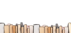 Banner with hardcover books row isolated on white background. Education concept. Copyspace. Books border. High quality photo