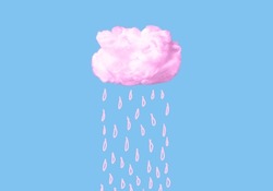 Pink cotton cloud with rain drops on blue sky background. Cloudy weather or dreaming concept in surreal fairy style. High quality photo