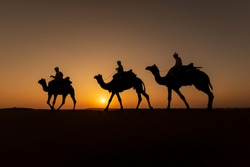 Rajasthan travel background - Three indian cameleers (camel drivers) with camels silhouettes in dunes of Thar desert on sunset. Jaisalmer, Rajasthan, India