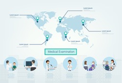 Medical examination infographic with doctors and patients  flat design vector illustration