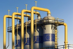 Natural gas tank in gas factory with European union flag