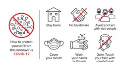 protect yourself tips from coronavirus COVID-19, Stay home, no handshake, sick people, Wash hands, don't Touch face, Cover your mouth mask, set of illustration in infographics, vector, icon, style.