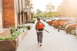Back to school. Cute child with backpack going to school. Boy pupil with bag. Elementary school student going to classes. Kid walking outdoors on the city street after class. Back view
