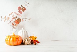 Details of Still life, pumpkins, candle, brunch with leaves on white table background, home decor in a cozy house. Autumn weekend concept. Fallen leaves and home decoration