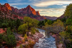 View of the Watchman mountain and the virgin river in Zion National Park located in the Southwestern United States, near Springdale, Utah, Arizona