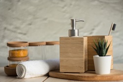 Wooden soap dish and toothbrush. Bath accessories. Wooden dispenser soap.