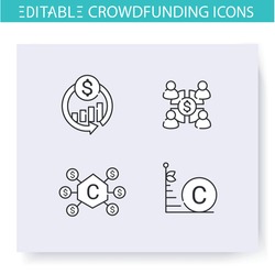 Crowdfunding line icons set. Community funding. Donation funds types. Funding and investment concept. Projects, business financing and capital raising. Isolated vector illustrations. Editable stroke 