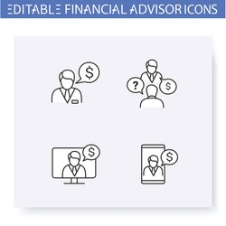 Financial advisory line icon set.Including remote consulting,finance advisor,consultation and more.Finance consulting.Capital management and improvement. Isolated vector illustrations.Editable stroke 