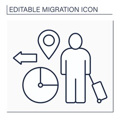 Temporary migration line icon. Timely relocation. Searching for job. Earnings. Forced movement abroad. Reste migration concept. Isolated vector illustration. Editable stroke