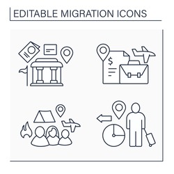 Migration line icons set. Embassy, labour relocation, forced family escape. Migration concept. Isolated vector illustrations. Editable stroke