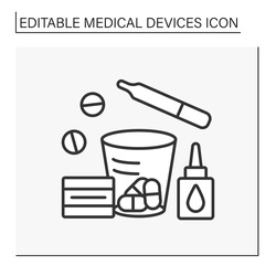  Treatment line icon. Nasal spray, daily pills, thermometer. Special treatment things. Medical service.Medical devices concept. Isolated vector illustration. Editable stroke