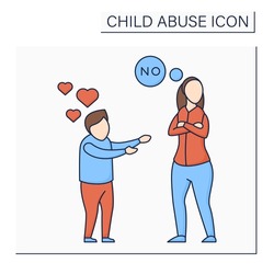 Limiting physical contact color icon. Avoid child love. Refusal to show love. No hugs, kisses. Ignoring. Child abuse concept. Isolated vector illustration