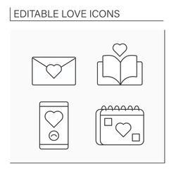 Love line icons set. Love letter, romantic book, notification and calendar. Relationship concept. Isolated vector illustrations. Editable stroke