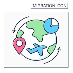 Migrant flow color icon. Migrants number crossing boundary. Entering or leaving given country during time period.Migration concept. Isolated vector illustration