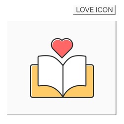 Love story color icon. Romantic book with dramatic plot. Book with happy end. Romantic stories. Love concept. Isolated vector illustration