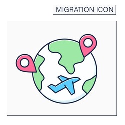 Internal migration color icon. Cross state boundaries and stay in non-native state during long time. Travel to different country. Migration concept. Isolated vector illustration