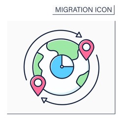 Migrant flow color icon. Migrants number crossing boundary. Entering or leaving given country during time period.Migration concept. Isolated vector illustration