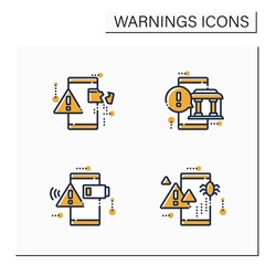 Warnings color icons set. Different notification types. Battery, virus notification,data loss. Error messages. Signs variation concepts.Isolated vector illustrations