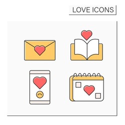 Love color icons set. Love letter, romantic book, notification and calendar. Relationship concept. Isolated vector illustrations