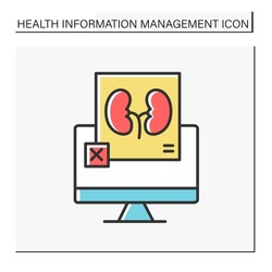 Diagnosis color icon. Unhealthy kidneys picture on computer screen. Bad diagnosis. Health care. Health information management concept. Isolated vector illustration