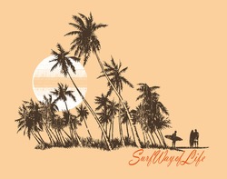 Colorful vector illustration of silhouette of coconut palms and surfers, in stripped style, handmade and text alluding to surfing. Art for print on t-shirts and etc ...