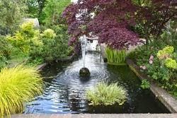 close up of beautiful ornamental garden with central water feature and fountain, spurting water, surrounded by colourful trees, plants and shrubs
