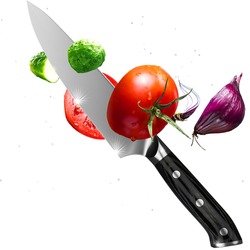 Sharp knife cuts vegetables on a white background. knife cuts red tomato, cucumber, slice onion. a knife in flight cuts food. Cooking in restaurant. Healthy eating. Safe food healthy vegan diet cookin