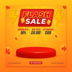 Flash sale square banner with 3D podium and bolt icons, sale and discount background template on yellow background