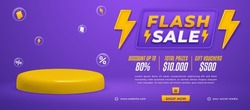 Flash sale horizontal promo banner template with 3D podium and bolt icons on purple background