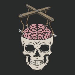 This is an illustration of a skull with a brain that looks like it is controlled like a puppet.

This is an illustration revealing that we are humans not a puppet.