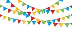 Garland with flags for party, birthday background. Bunting festive, carnival, fair banner with triangle flags of happy. Hanging string triangular decor of bright green, yellow, red, blue for celebrate