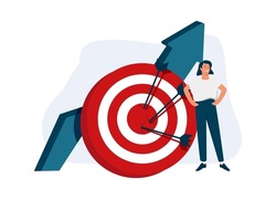 Business objective, purpose or target, goal and resolution to aim for success, aspiration and motivation to achieve goal concept, confident businessman stand with arrow hit bullseye on archery target.