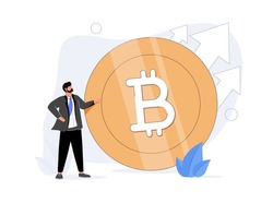 What is Bitcoin and blockchain technology, knowledge or crypto currency technology, blockchain class and education concept, businessman expert explain blockchain technology on golden Bitcoin coin.
