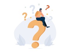 asking questions for solution to solve problem, thinking process or business analysis to get new idea concept, calm businessman on large question mark thinking of who what where when why and how.