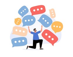 Communication problem or overload, too many messages or spam, inefficient discussion or meeting concept, frustrated businessman run away from collapsing stack of online speech bubble. Overwork