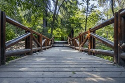 A rustic wooden bridge with log railings over a small stream in a heavily vegetated area within an urban park