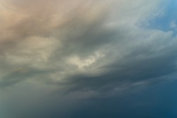 Horizon panorama and dramatic twilight sky and cloud sunset background. Natural sky background texture, beautiful color. Dark clouds, big storm and rain. Weather and nature concept