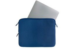 Metallic laptop inserted half-way into blue computer case with open zipper against white background
