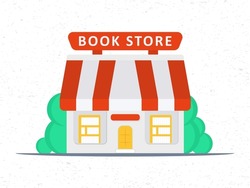Simple flat design bookstore. Cool graphic building design for shop with books, shelves, place to read. Flat style vector illustration.